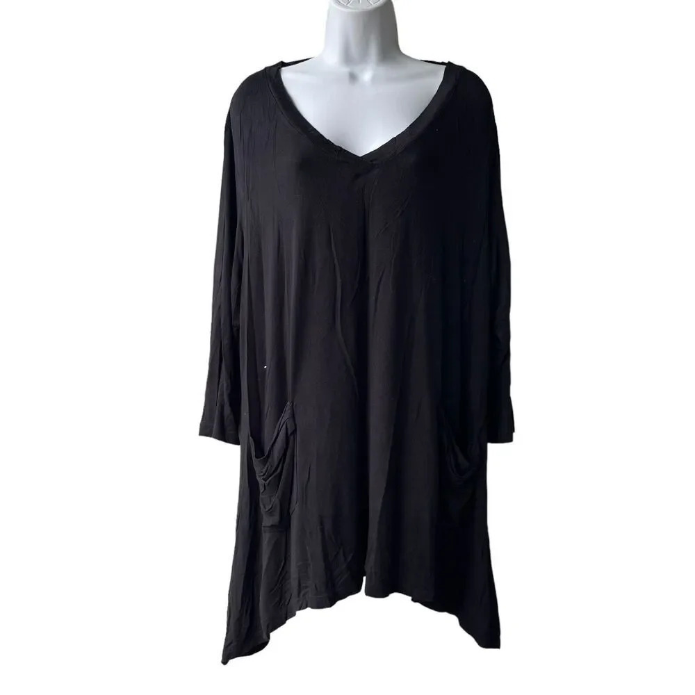 LOGO by Lori Goldstein V-neck Tee Women’s Plus 1X Black Knit 3/4 Sleeve Pockets